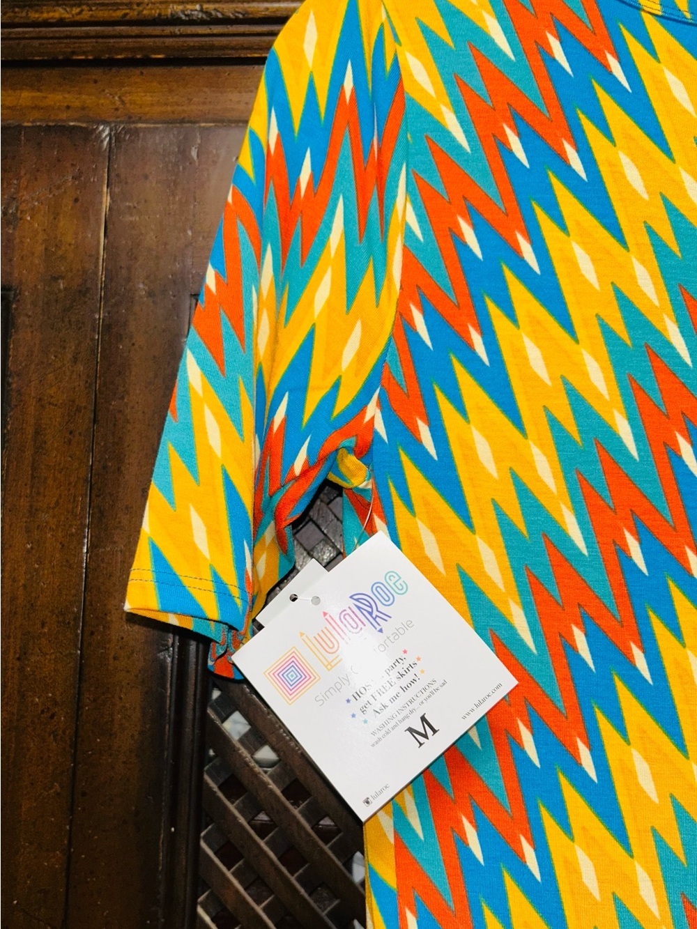 LuLaRoe Woman’s Short Sleeve Dress — Yellow, Blue, Orange Zigzag Print